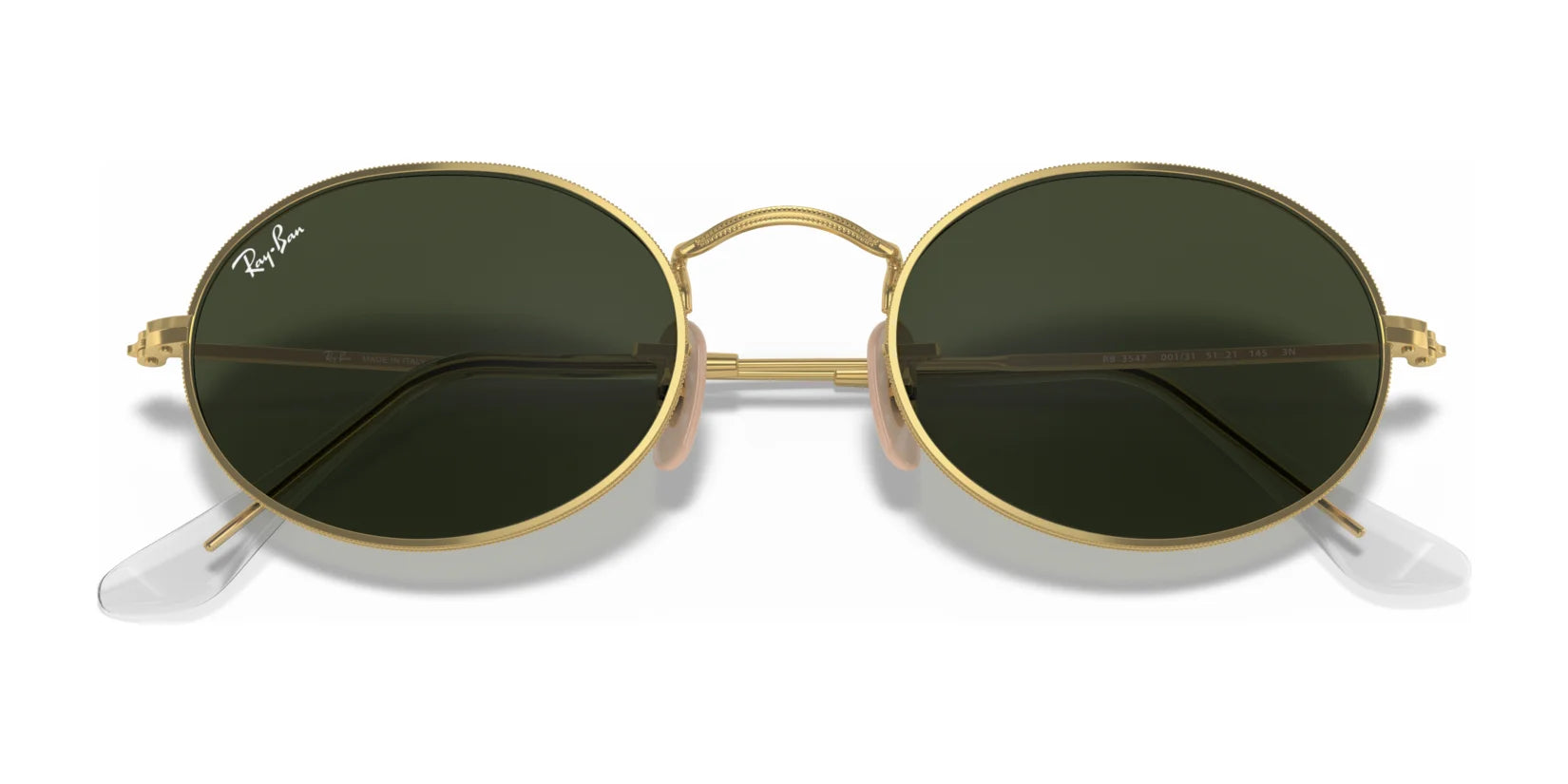 Explore the classic allure of Ray-Ban OVAL RB3547 sunglasses, featuring elegant oval frames. These round sunglasses have a gold frame and dark green lenses, presented against a white background for timeless style.