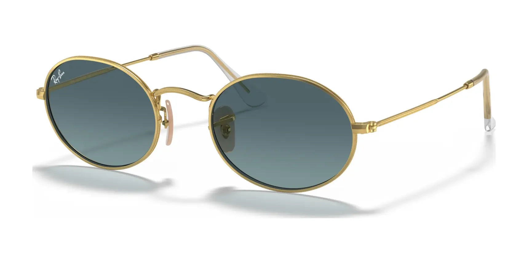 Gold-framed Ray-Ban OVAL RB3547 sunglasses with dark lenses are stylishly displayed on a white background, highlighting their premium materials.