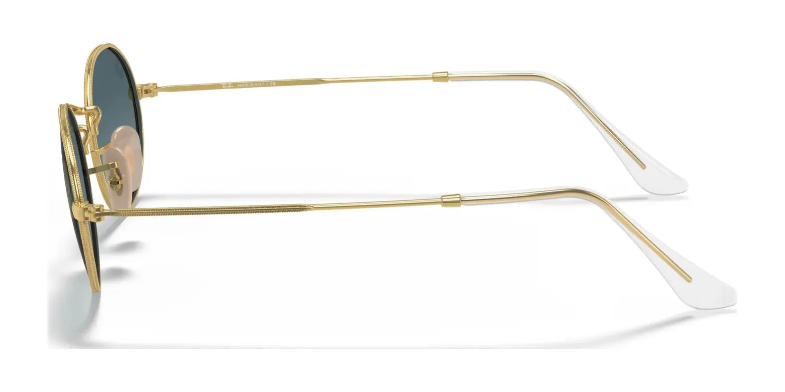 Side view of Ray-Ban OVAL RB3547 sunglasses showcasing gold oval frames with green lenses on a white background.