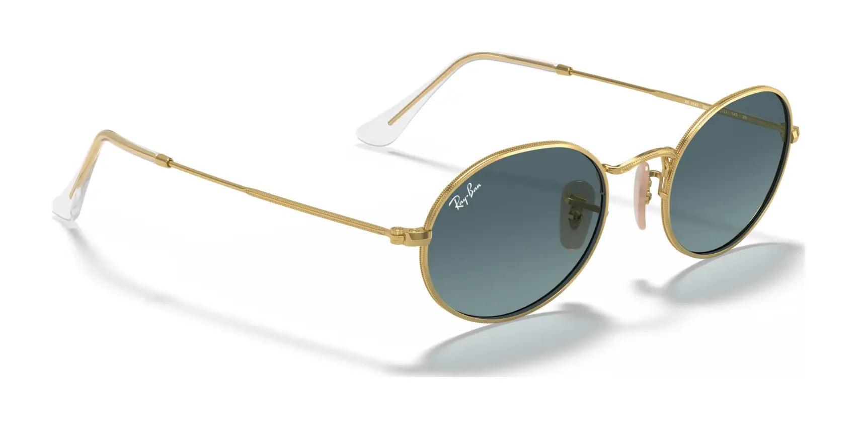 Ray-Ban OVAL RB3547 sunglasses feature round gold frames and green lenses, crafted from premium materials, set against a white background.