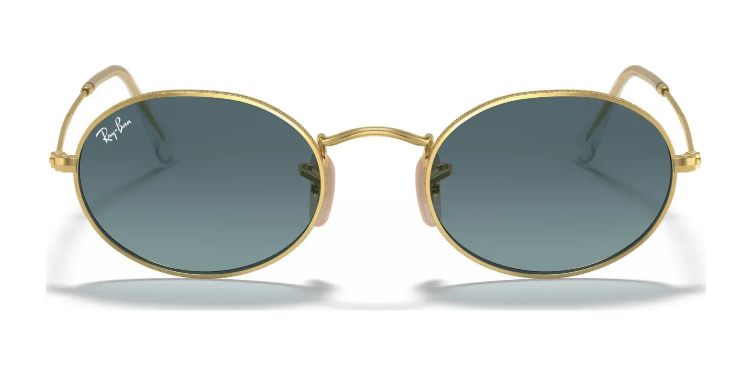 Ray-Ban OVAL RB3547 sunglasses feature oval frames made from premium materials, with gold frames and dark lenses, elegantly set against a white background.