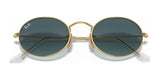 The Ray-Ban OVAL RB3547 Sunglasses feature gold frames and dark lenses crafted from premium materials, viewed head-on.