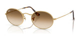 Ray-Ban OVAL RB3547 sunglasses feature gold oval frames and brown gradient lenses on a white background, offering style and sophistication with premium materials.