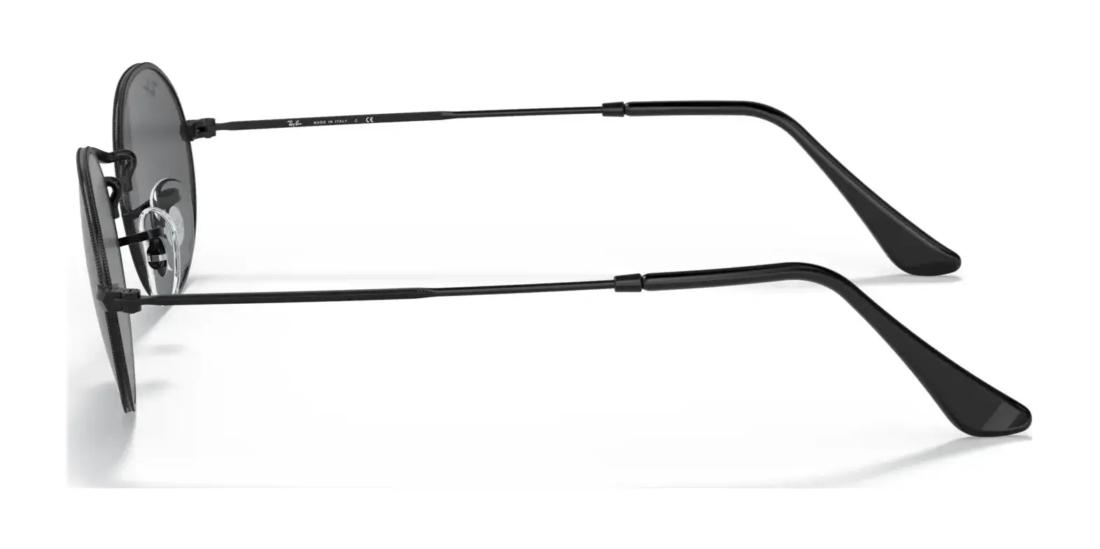 Side view of Ray-Ban OVAL RB3547 sunglasses showing oval frames made from premium materials, featuring thin metal arms and dark lenses, set against a white background.