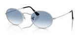 The Ray-Ban OVAL RB3547 sunglasses feature silver frames and blue gradient lenses against a white background, highlighting their premium materials for a stylish look.