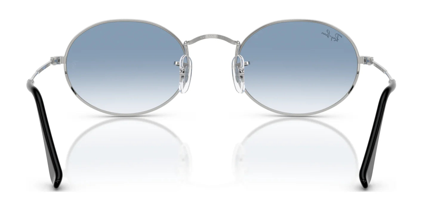 Ray-Ban OVAL RB3547 sunglasses showcasing premium construction, featuring round blue gradient lenses and sleek silver frames, viewed from the front.