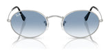 Ray-Ban OVAL RB3547 sunglasses, featuring silver frames and blue-tinted lenses, crafted from premium materials, are showcased on a white background.