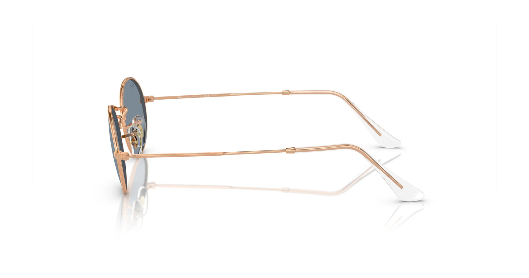 Side view of Ray-Ban OVAL RB3547 sunglasses with oval frames made from premium materials, featuring thin gold-colored rims and dark lenses on a white background.