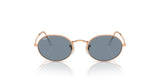 Ray-Ban OVAL RB3547 sunglasses feature premium materials with round gold frames and blue lenses on a white background.