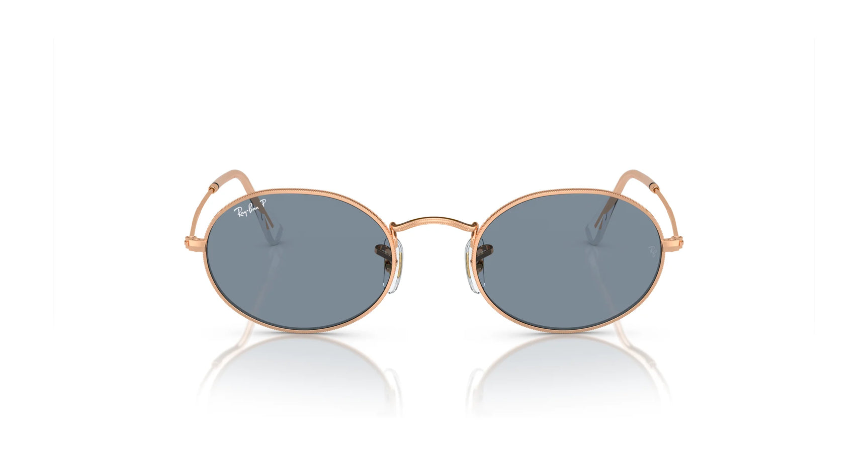 Ray-Ban OVAL RB3547 sunglasses feature premium materials with round gold frames and blue lenses on a white background.