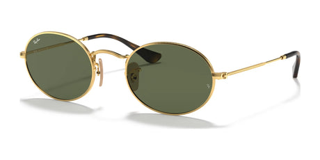 Ray-Ban OVAL RB3547N sunglasses feature an Arista Gold №001 frame with dark green UV 400 lenses, thin arms, and black temple tips.