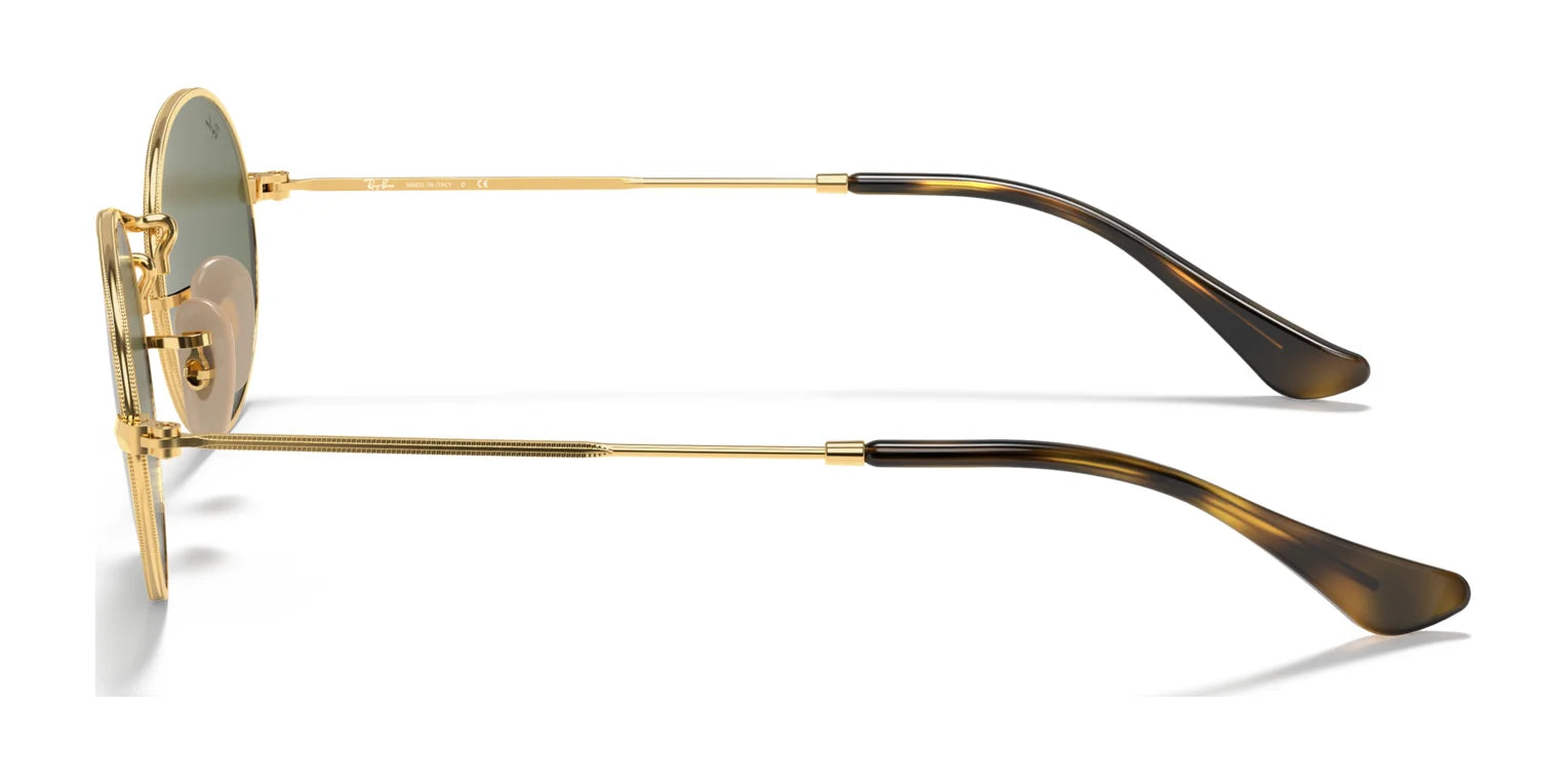 Side view of Ray-Ban OVAL RB3547N sunglasses featuring an oval design, gold metal frames, tortoise-shell patterned temple tips, and UV 400 lenses for superior protection.