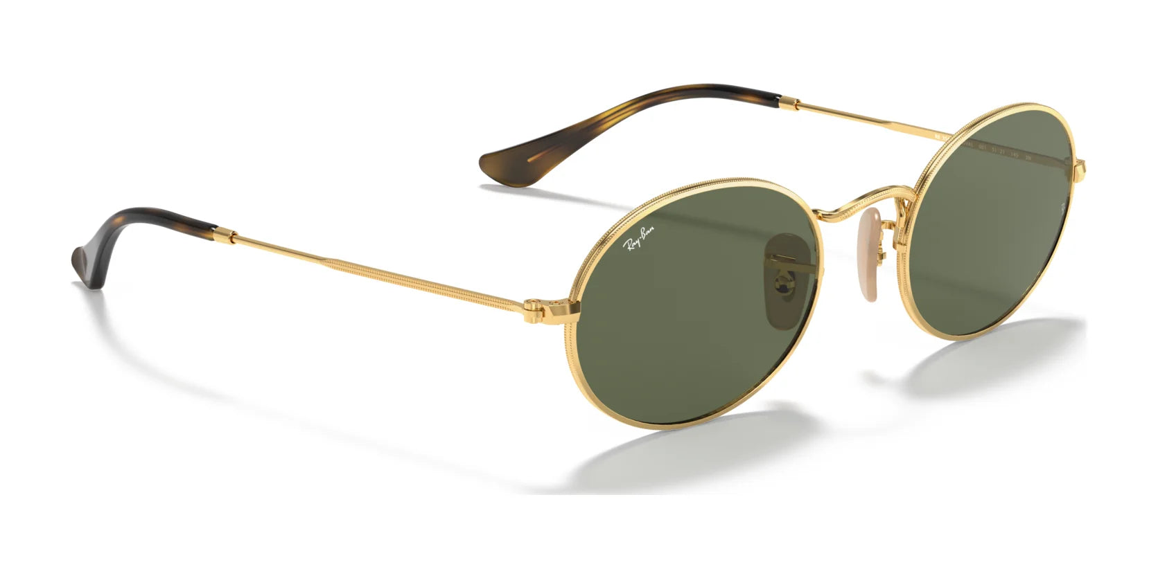 Ray-Ban OVAL RB3547N sunglasses on a white background feature an oval design with gold metal frames and dark green UV 400 lenses.