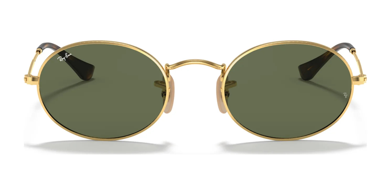 Ray-Ban OVAL RB3547N sunglasses, featuring gold frames and dark green UV 400 lenses, are displayed on a white background.