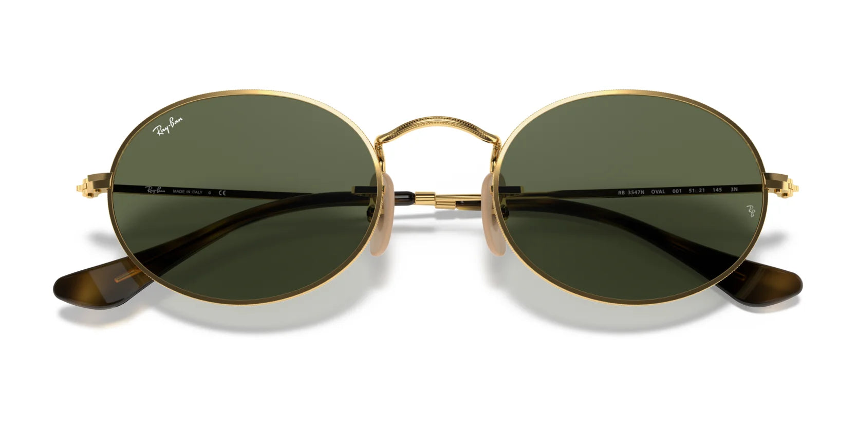 Ray-Ban OVAL RB3547N sunglasses feature a gold oval frame with dark green lenses, offering timeless elegance and UV 400 protection, set against a white background.