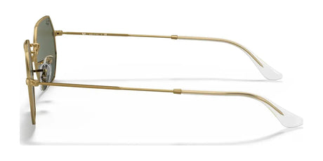 Side view of the Ray-Ban OCTAGONAL RB3556 Sunglasses, Size 53, showcasing a geometric design with gold frames, green lenses, and white arm tips.