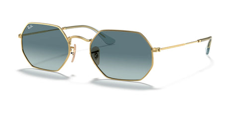 Ray-Ban OCTAGONAL RB3556N sunglasses, size 53, feature gold-framed hexagonal designs with blue gradient lenses on a white background, offering UV protection in a chic geometric style.