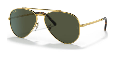 Ray-Ban NEW AVIATOR RB3625 sunglasses feature a gold rim and green tinted lenses, providing stylish UV protection on a white background.