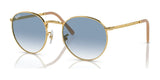 Ray-Ban NEW ROUND RB3637 sunglasses with blue-tinted lenses and beige temples rest elegantly on a reflective surface, highlighting their premium engravings.