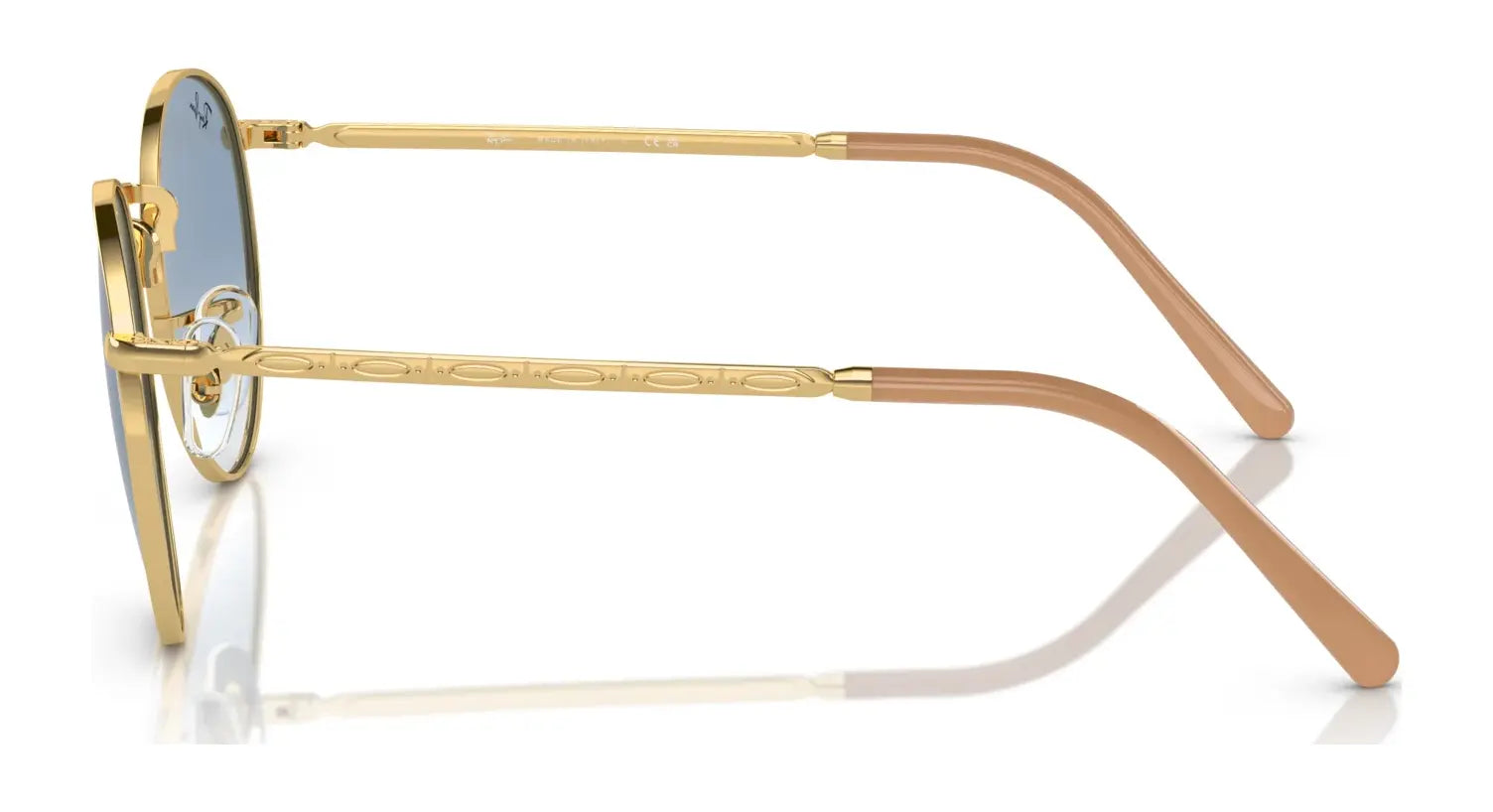 Side view of Ray-Ban NEW ROUND RB3637 sunglasses with gold frames, light brown temples, and crystal lenses boasting tinted finishes and premium engravings, elegantly resting on a reflective surface.