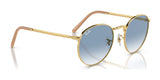 Ray-Ban NEW ROUND RB3637 sunglasses feature gold frames, crystal blue gradient lenses, and beige temple tips with premium engravings, on a white background.