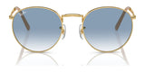 Ray-Ban NEW ROUND RB3637 sunglasses feature gold frames with blue gradient crystal lenses and subtle premium engravings.