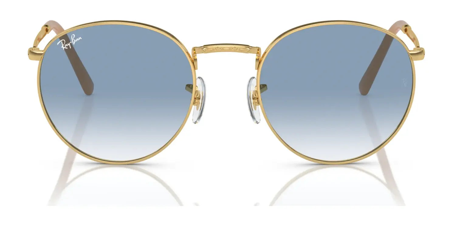 Ray-Ban NEW ROUND RB3637 sunglasses feature gold frames with blue gradient crystal lenses and subtle premium engravings.