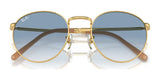 Ray-Ban NEW ROUND RB3637 sunglasses feature gold frames with crystal blue-tinted lenses and brown arms, accented with premium engravings for elegance.