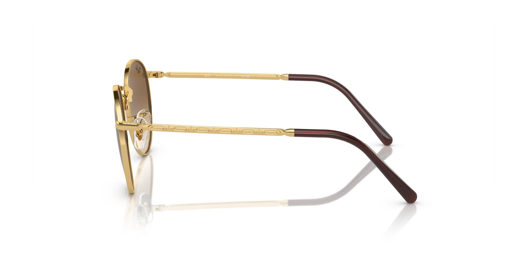 Side view of gold-framed Ray-Ban NEW ROUND RB3637 sunglasses with brown crystal lenses and dark temple tips on a reflective surface.