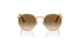 The Ray-Ban NEW ROUND RB3637 sunglasses, featuring a round shape with gold frames and crystal lenses with a brown gradient tint, are elegantly displayed on a white background.