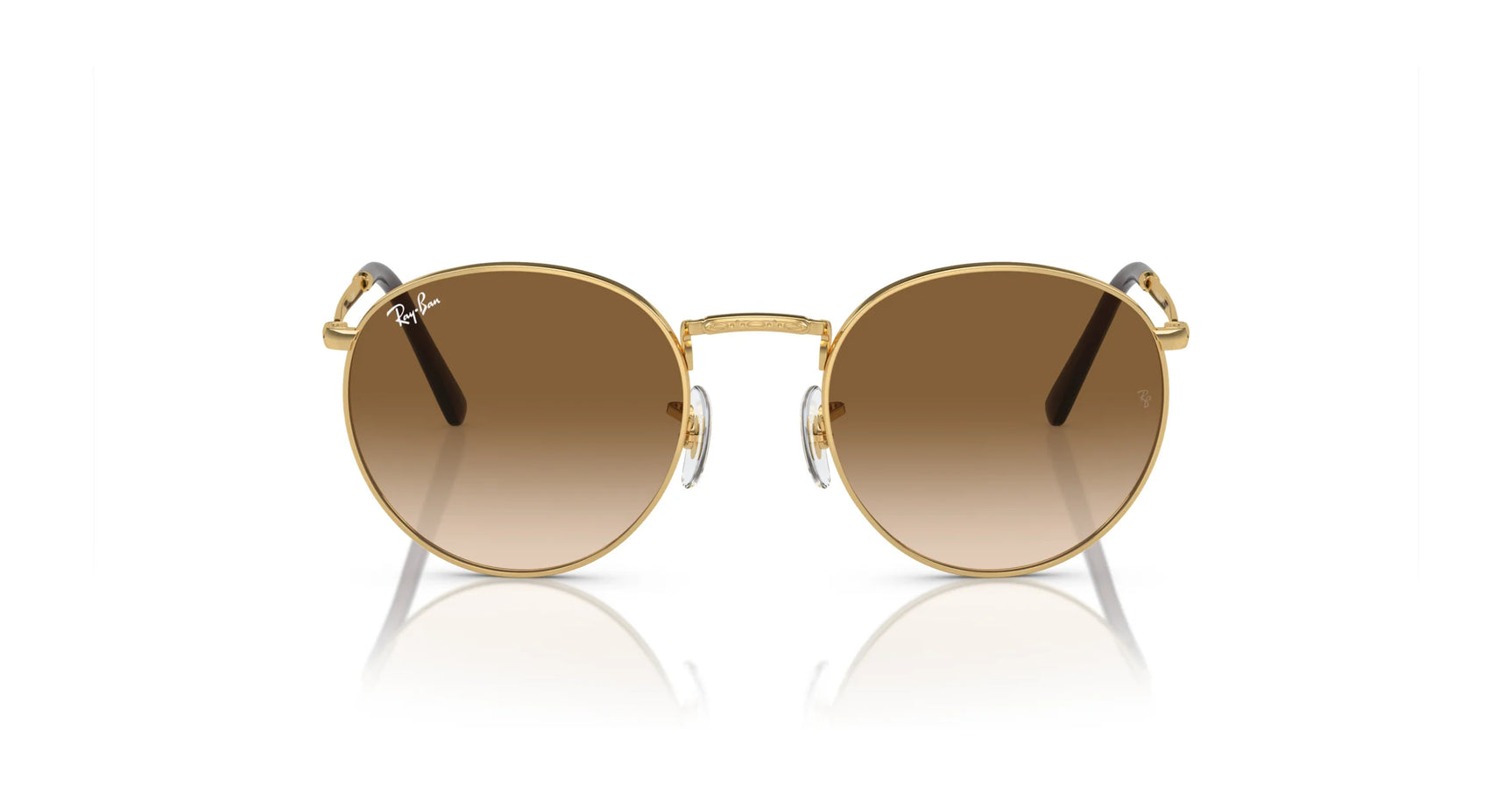 The Ray-Ban NEW ROUND RB3637 sunglasses, featuring a round shape with gold frames and crystal lenses with a brown gradient tint, are elegantly displayed on a white background.