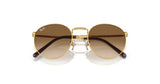 Front view of Ray-Ban NEW ROUND RB3637 sunglasses featuring gold frames and crystal brown lenses.