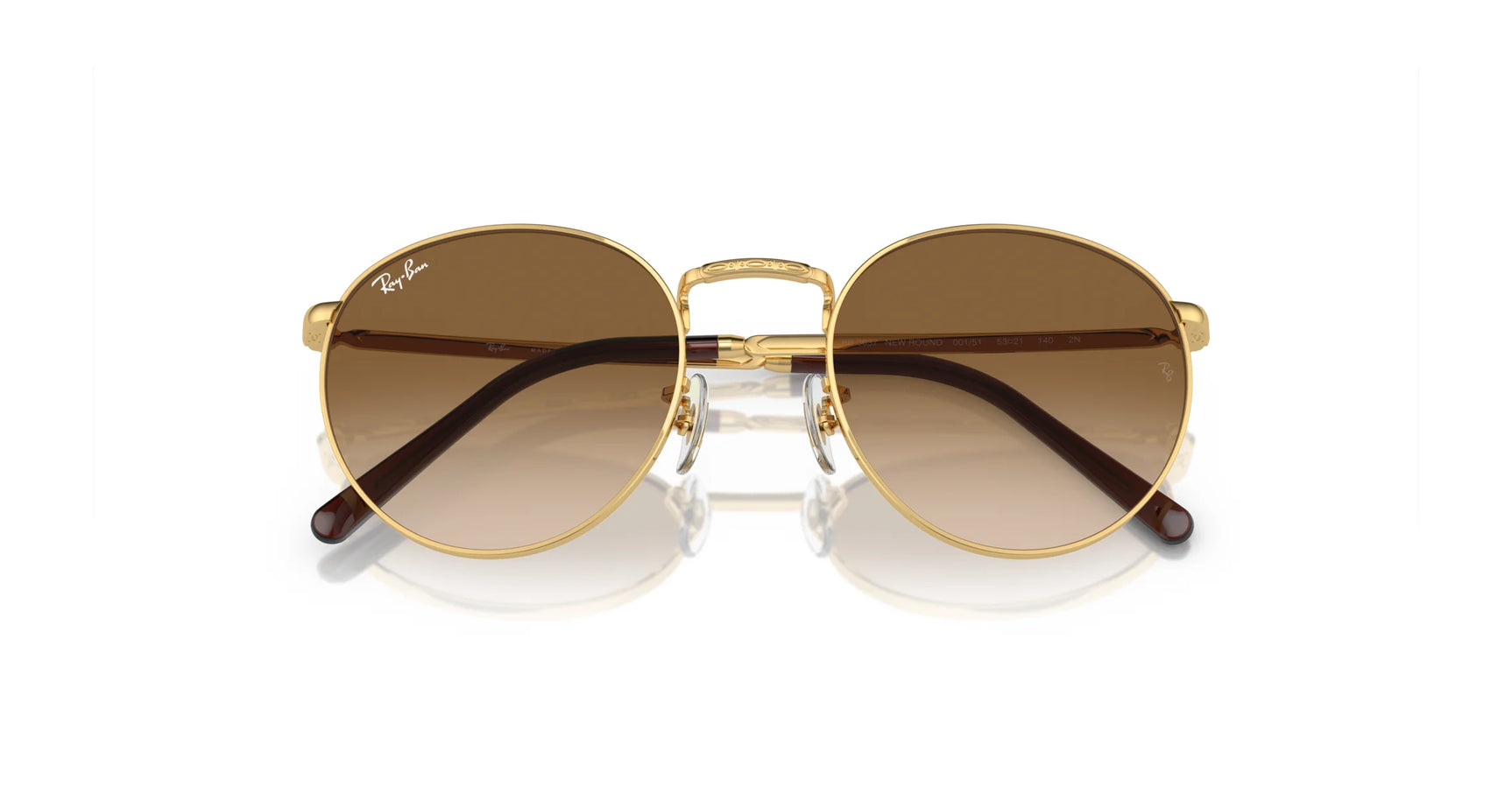 Front view of Ray-Ban NEW ROUND RB3637 sunglasses featuring gold frames and crystal brown lenses.