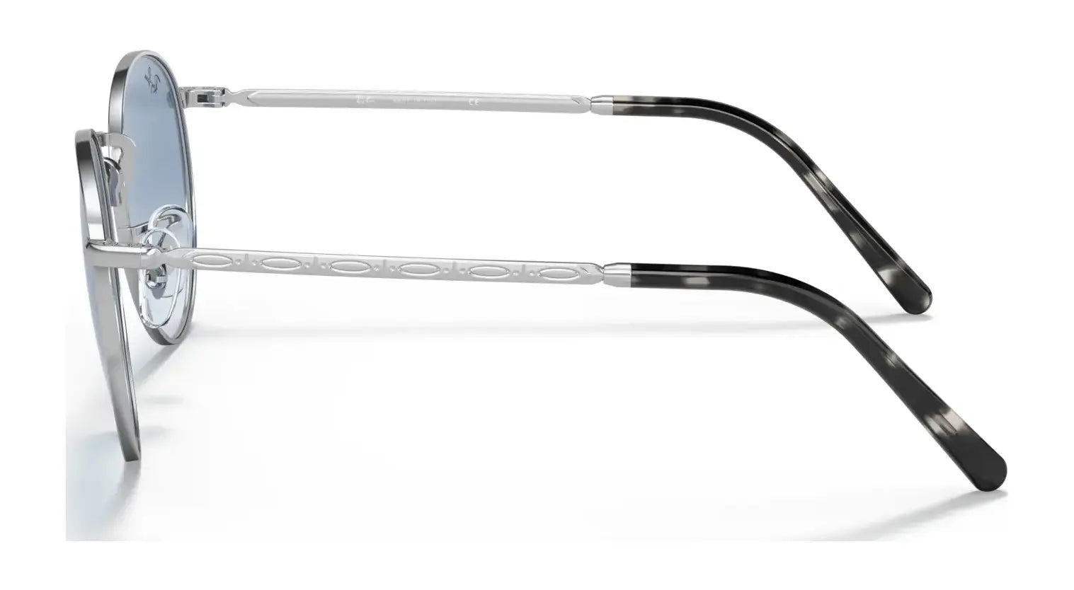 Side view of Ray-Ban NEW ROUND RB3637 sunglasses with silver frames and black arms, featuring a classic circular lens design.