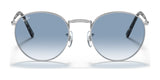 Ray-Ban NEW ROUND RB3637 Sunglasses feature crystal blue-tinted lenses, sleek silver frames, and thin black temples, elegantly displayed against a pristine white background.