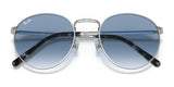 Close-up of Ray-Ban NEW ROUND RB3637 sunglasses, showcasing blue gradient crystal lenses and sleek metal frames.