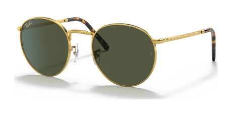 Ray-Ban NEW ROUND RB3637 sunglasses feature round gold frames with green lenses and tortoiseshell arms, highlighting their iconic shape against a white background.