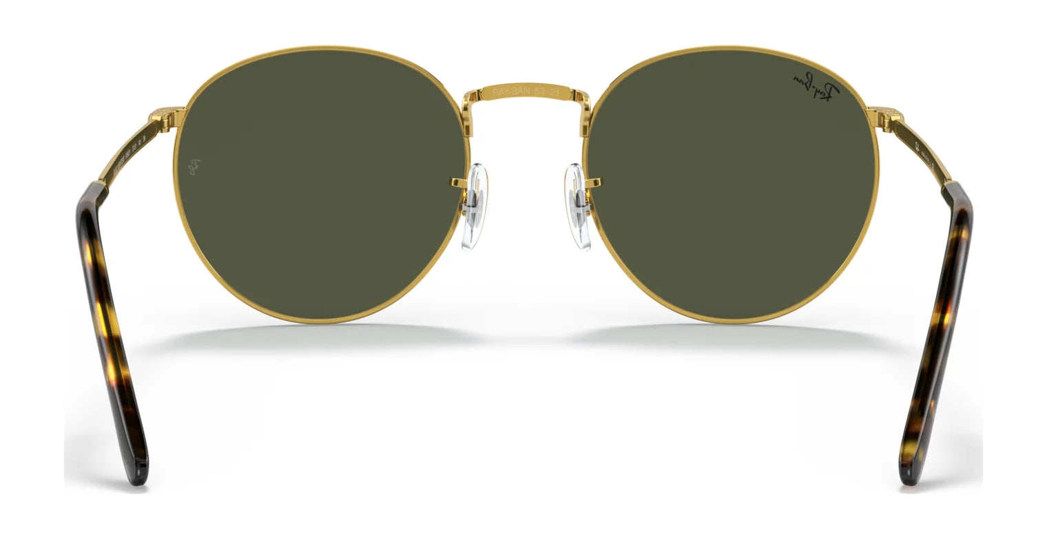 Front view of Ray-Ban NEW ROUND RB3637 sunglasses, featuring gold frames, crystal lenses, and tortoiseshell arms.