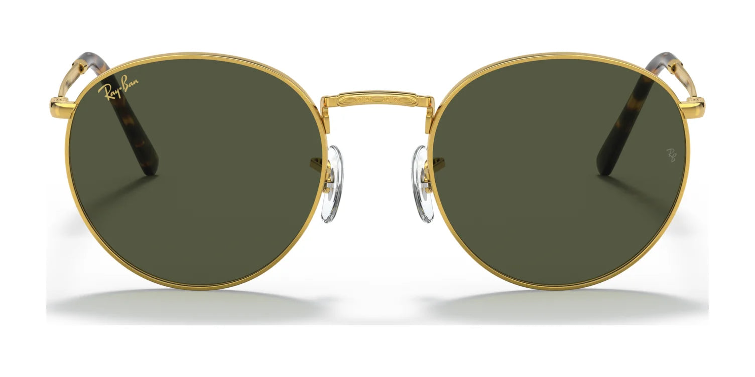 Ray-Ban NEW ROUND RB3637 sunglasses feature a classic round shape with gold frames and dark lenses, highlighting modern elegance against a white background.