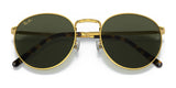 Ray-Ban NEW ROUND RB3637 sunglasses, featuring gold frames and dark green lenses, rest elegantly on a white background, reflecting timeless sophistication.