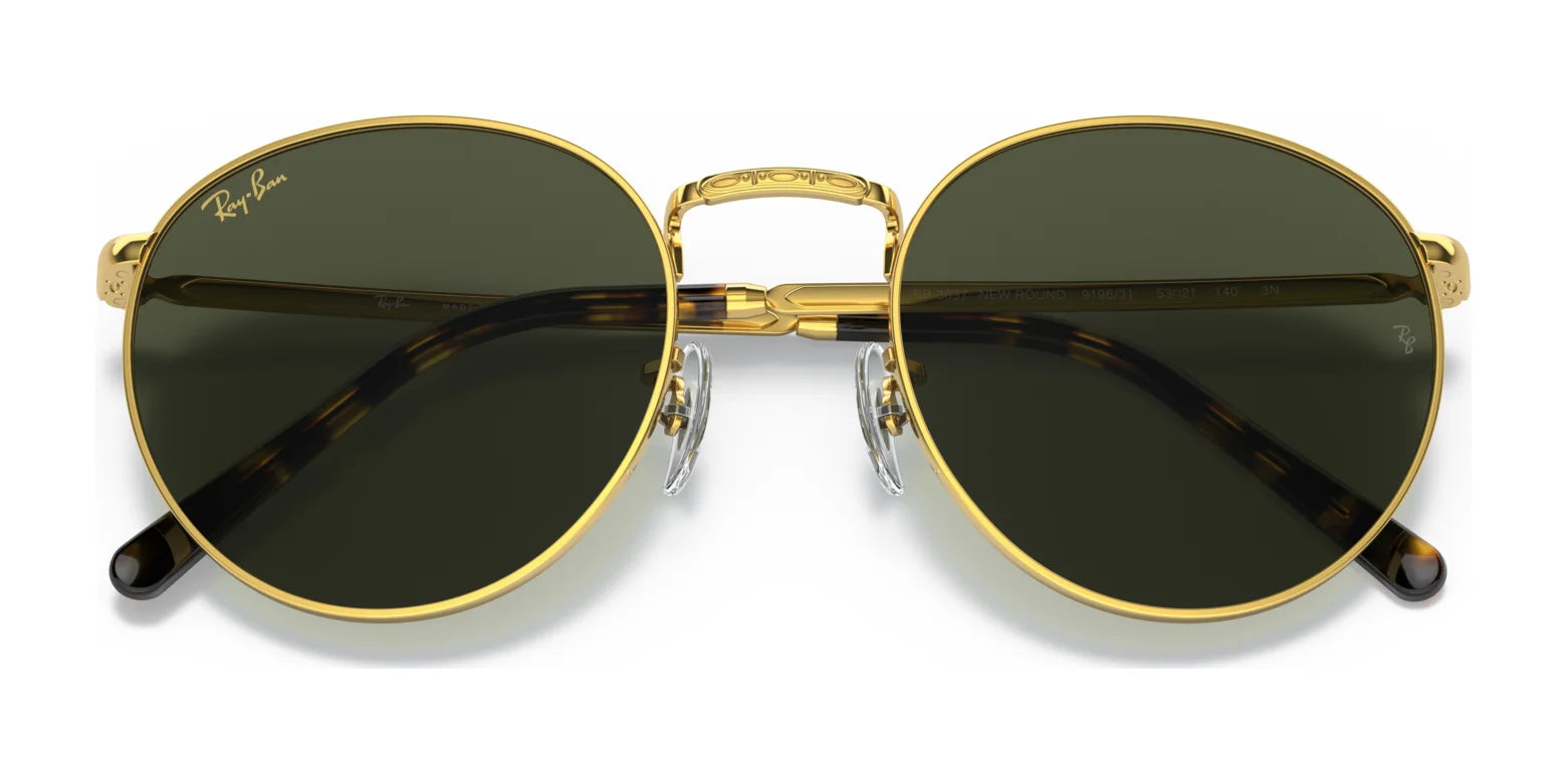 Ray-Ban NEW ROUND RB3637 sunglasses, featuring gold frames and dark green lenses, rest elegantly on a white background, reflecting timeless sophistication.