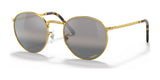 Ray-Ban NEW ROUND RB3637 Sunglasses feature round gold frames, crystal lenses, and tortoiseshell temple tips.