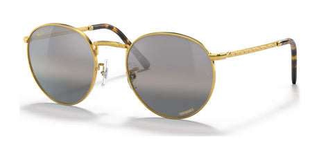 Ray-Ban NEW ROUND RB3637 Sunglasses feature round gold frames, crystal lenses, and tortoiseshell temple tips.