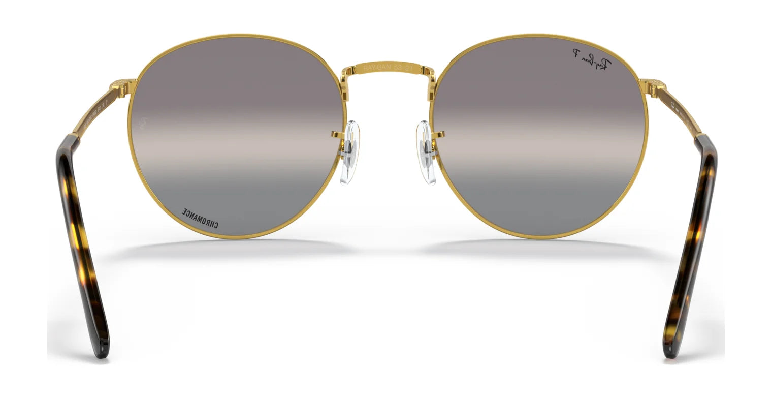 Ray-Ban NEW ROUND RB3637 sunglasses feature round gold frames, gray gradient lenses, and thin tortoiseshell arms for a stylish look.