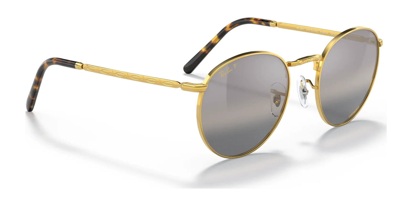 Ray-Ban NEW ROUND RB3637 sunglasses with gold frames, crystal lenses, and tortoiseshell-patterned temple tips, shown from an angle.