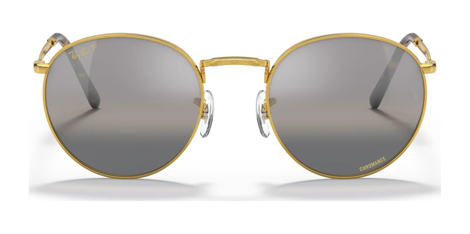 Ray-Ban NEW ROUND RB3637 sunglasses with gold rims, signature crystal lenses, and adjustable nose pads, displayed on a white background.