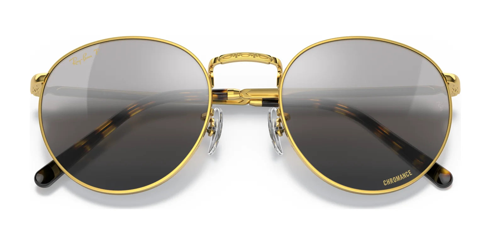 The Ray-Ban NEW ROUND RB3637 sunglasses feature gold rims, crystal lenses, and tortoiseshell arms.