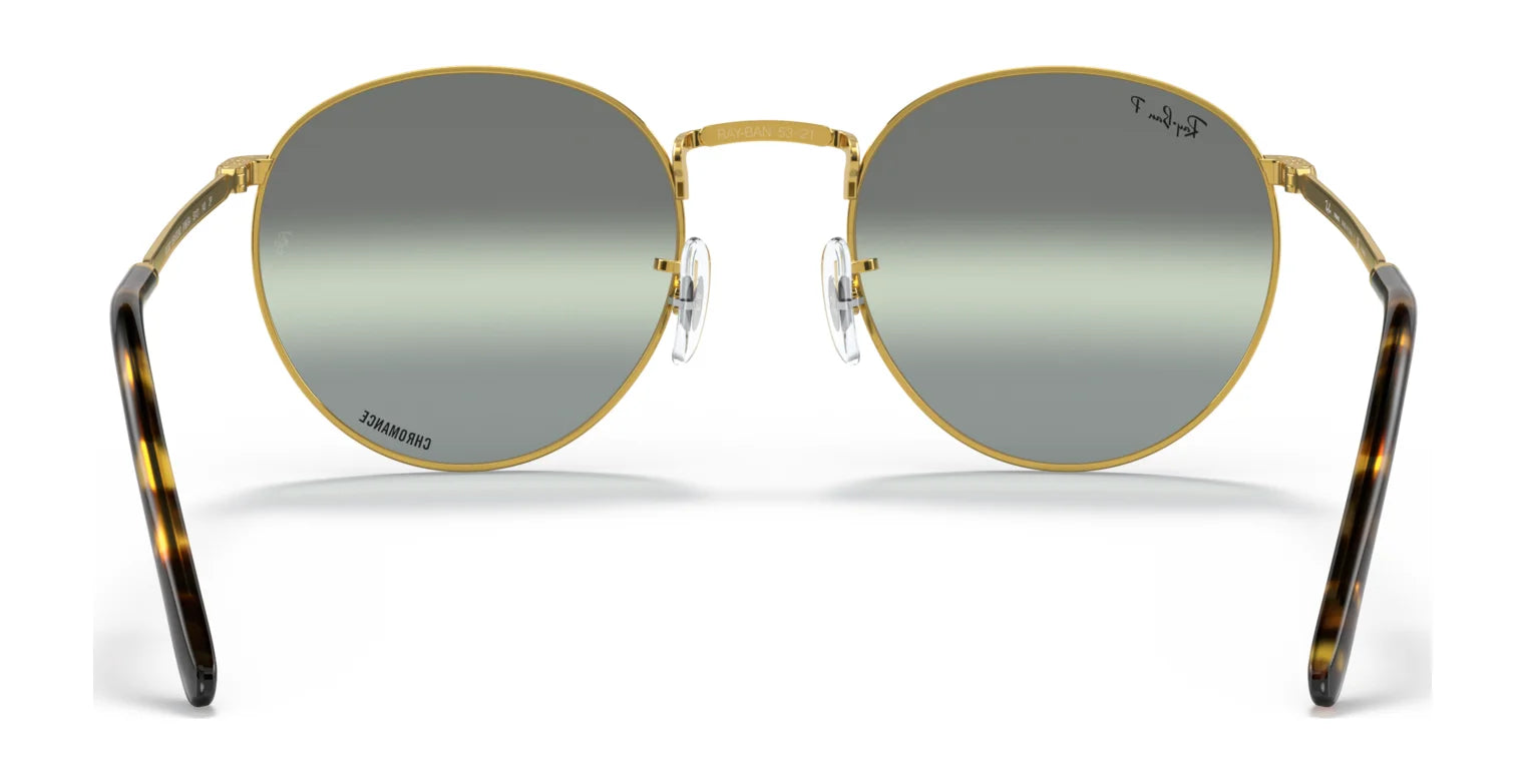 The Ray-Ban NEW ROUND RB3637 sunglasses feature tortoiseshell arms, gold metal frames, crystal green lenses, and premium engravings for a sophisticated look.