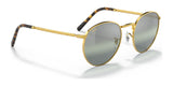 Ray-Ban NEW ROUND RB3637 sunglasses feature gold frames, crystal lenses, and tortoiseshell-patterned earpieces.