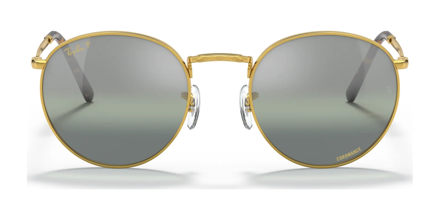 Ray-Ban NEW ROUND RB3637 sunglasses featuring crystal green lenses and adjustable nose pads are elegantly showcased on a white background.